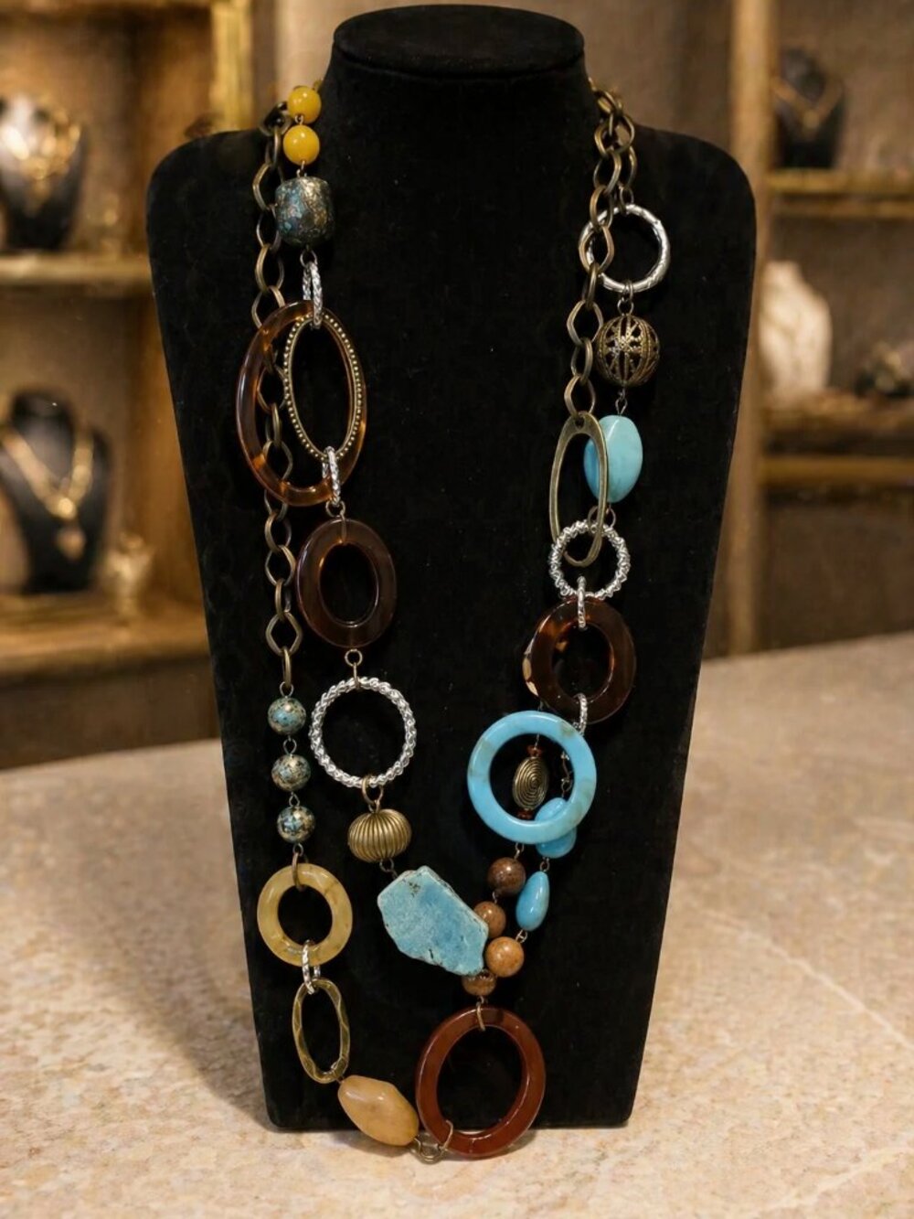 Boho Brass Acrylic Wood Stones Beaded‎ Long Necklace  - NEW